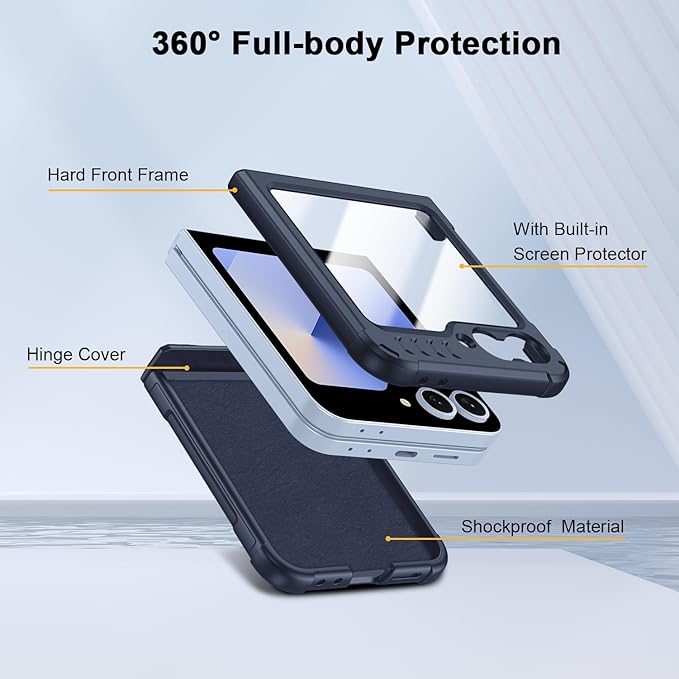 Military-Grade Protection ZFlip 6 / ZFlip 7 FE Case for Samsung Galaxy Z Flip 6 & Flip 7 FE: Shockproof TPU Frame, Hinge Protection, Glass Screen Protector, Anti-Slip Rugged Phone Cover (Dark Blue)