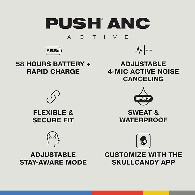 Skullcandy Push ANC Active Wireless Earbuds, Bluetooth Headphones, Noise Cancelling, 58 Hours Battery, Secure-Fit Over-Ear Hanger, Sweat and Waterproof, Microphone for iPhone Android - Black/Orange