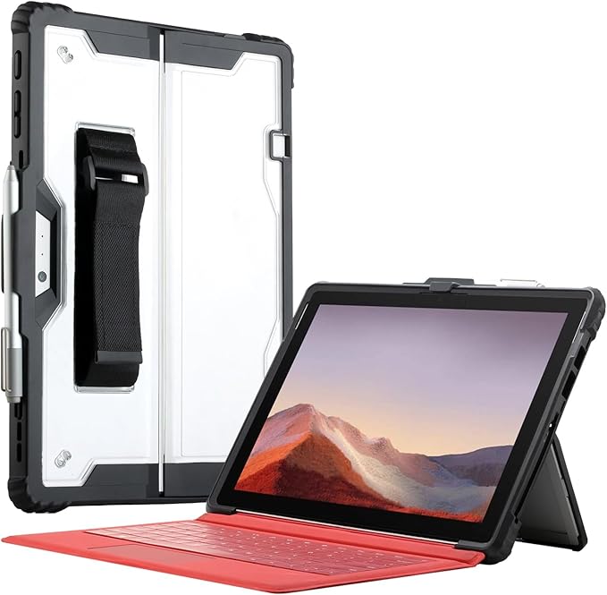 for Microsoft Surface Pro7 Pro7+ Pro6 Pro5 Pro4 Tablet Protective Case 12.3 inches, Thicken and Rugged Cover with Stand Case, Compatible Keyboard Cover, Including Hand Strap Shoulder,Black