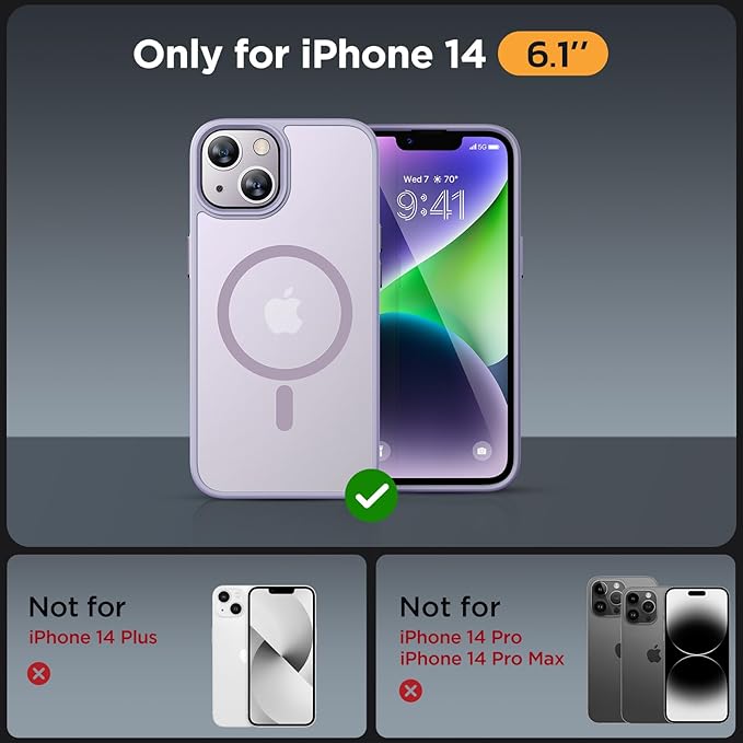 Miracase Magnetic for iPhone 14 Case 6.1 inch (Compatible with MagSafe)（with 2X Screen Protectors） Military-Grade Protection, Anti-Fingerprint Translucent Matte Phone Case Cover, Light Purple