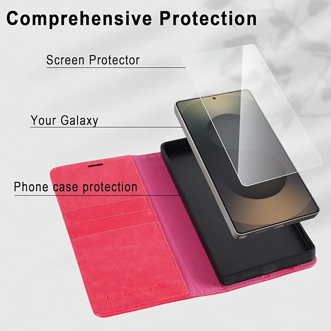 MONASAY Wallet Case Fit for Samsung Galaxy S25 Ultra 6.9 inch, [Lens & Glass Screen Protector Included] [RFID Blocking] Flip Folio Leather Cell Phone Cover with Credit Card Holder, Hot-Pink