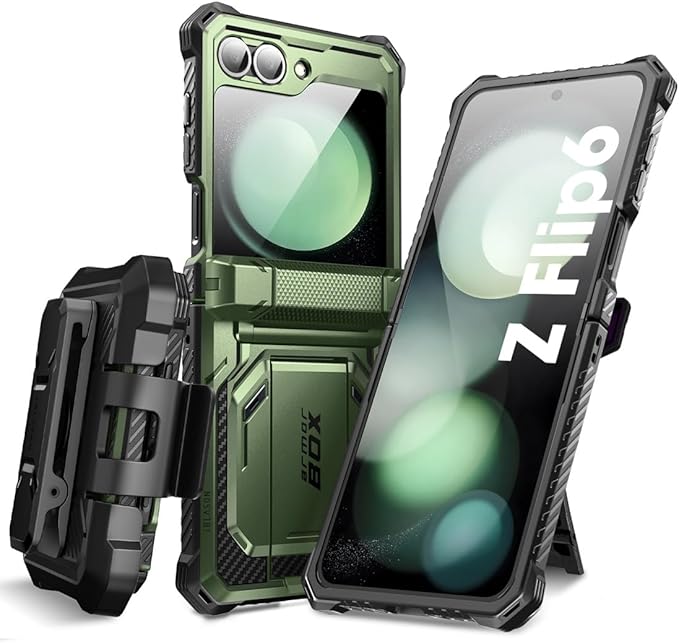 i-Blason for Samsung Galaxy Z Flip 7 FE Case, Z Flip6 Case with Stand, [Built-in Screen Protector] [Hinge Protection] [Belt-Clip], Military Phone Case for Samsung Z Flip 7 FE/6/5, Armorbox, DarkGreen