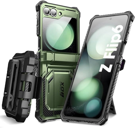 i-Blason for Samsung Galaxy Z Flip 7 FE Case, Z Flip6 Case with Stand, [Built-in Screen Protector] [Hinge Protection] [Belt-Clip], Military Phone Case for Samsung Z Flip 7 FE/6/5, Armorbox, DarkGreen