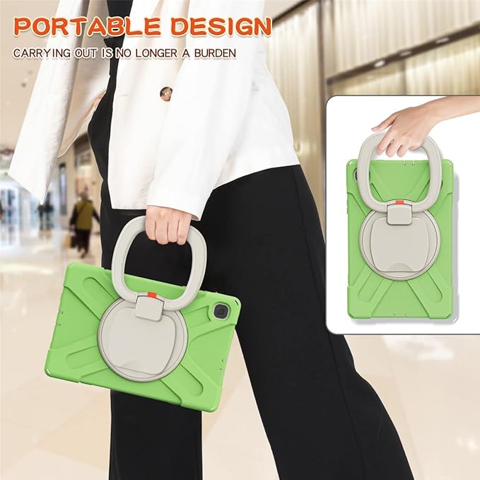 360 Rotation Case for Samsung Galaxy Tab S6 Lite 10.4" Sturdy Cover Rotate Ring Stand Shoulder Carrying Strap Hand Strap Rugged Children Adults Outdoor Case (LightGreen)