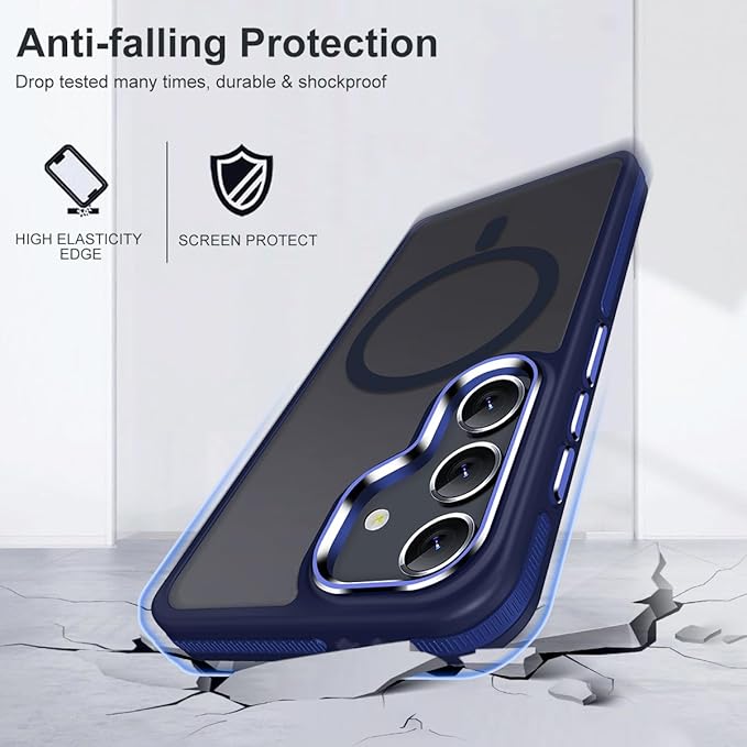 Case for Samsung Galaxy S25, Anti-Slip S25 Cover Compatible with Magsafe [Mil-Grade Shockproof] [Metal Camera Frame], Ultra Thin Translucent Matte Texture Galaxy S25 Phone Case (Darkblue)