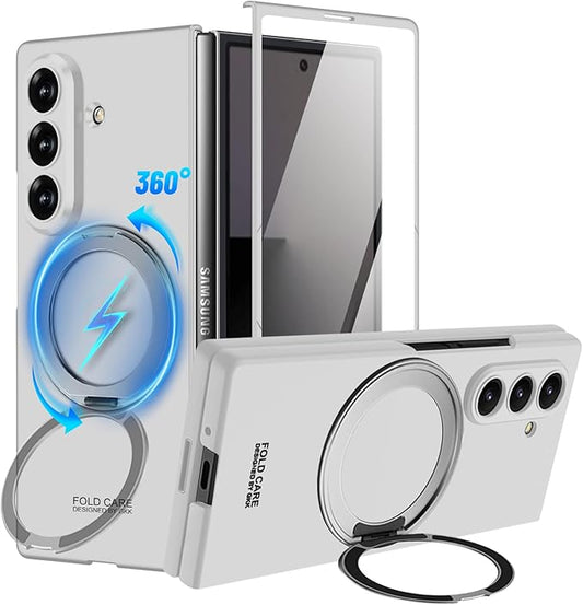 360 Spin Magnetic Stand for Samsung Galaxy Z Fold 7 Case, with Screen Protector [Compatible with MagSafe] Slim PC Hard Ring Holder Kickstand Protection Cover for Samsung Z Fold 7 Phone Case (Silver)