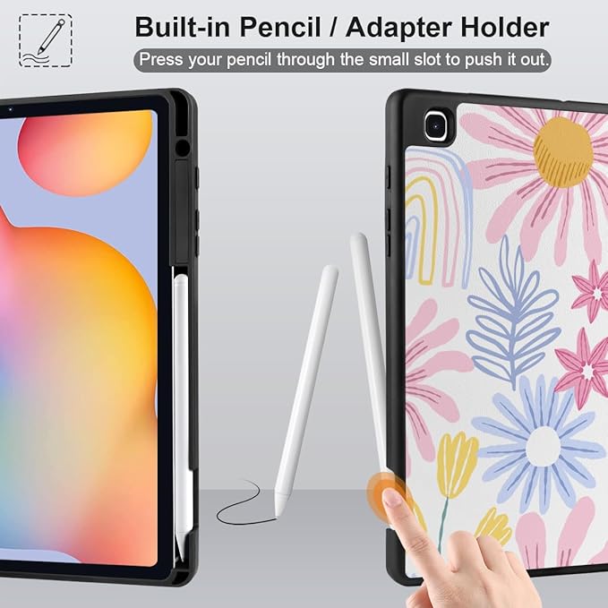 DONGKE Case for Samsung Galaxy Tab S6 Lite 10.4 Inch 2024/2022/2020, Trifold Stand + S Pen Holder + Auto Wake/Sleep + Soft TPU Protective Stand Back Cover, Colorful Florals