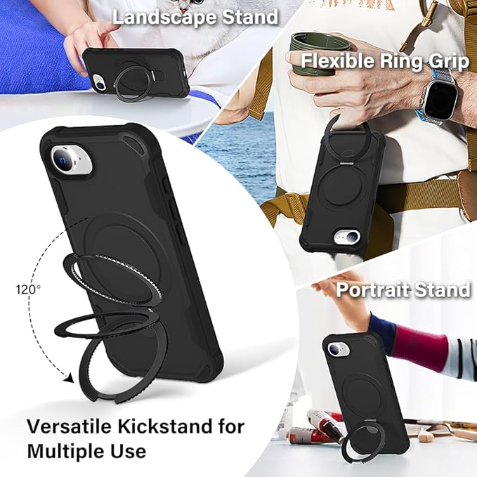 Designed for iPhone 16E Case with Magnetic Stand [Military Drop Protection][Compatible with Magnet] Shockproof 16E Phone Case with Ring Holder, Black