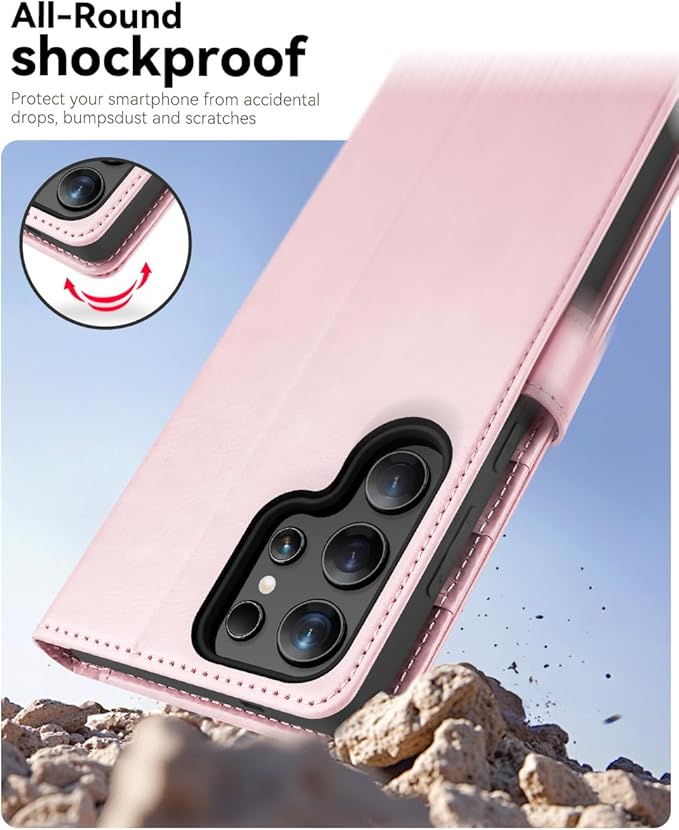 OCASE Compatible with Galaxy S25 Ultra Wallet Case, PU Leather Flip Folio Case with Card Holders RFID Blocking Kickstand [Shockproof TPU Inner Shell] Protective Phone Cover 2025, Pink