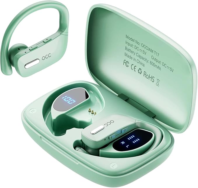 occiam Wireless Earbuds Bluetooth Headphones 48H Play Back Earphones in Ear Waterproof with Microphone LED Display for Sports Running Workout Green