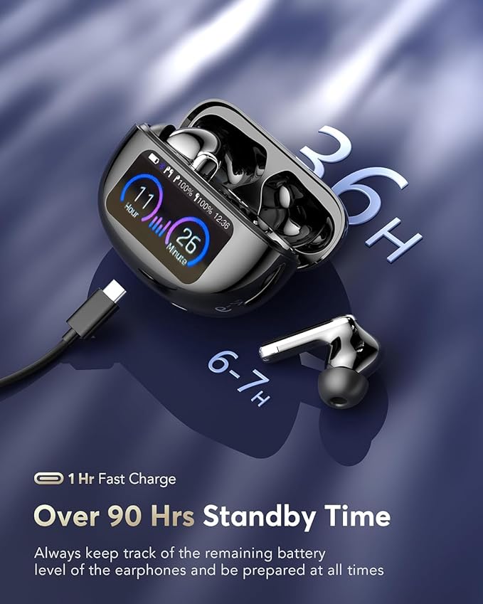 EUQQ AI Language Translation Earbuds, Bluetooth 5.4 Headphones Translator for 144 Languages & Accents, Wireless 36 Hours Wireless Headphones with 4 ANC Mic, IP7 Waterproof Earphones,Black