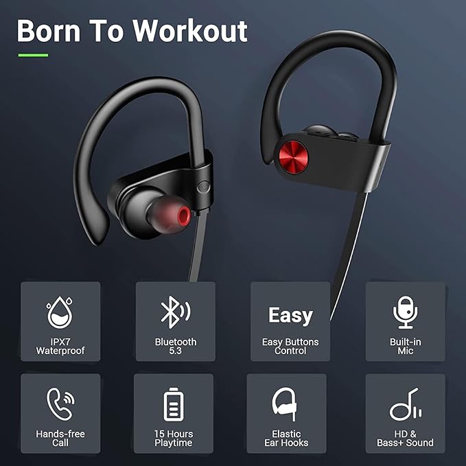 Bluetooth Headphones, Bluetooth 5.3 IPX7 Waterproof Wireless Sports Earbuds for Workout Gym, 16 Hrs Playtime Running Headphones with Noise Cancelling Mic, HiFi Bass Stereo in-Ear Earphones