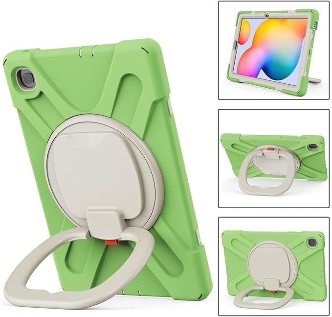 360 Rotation Case for Samsung Galaxy Tab S6 Lite 10.4" Sturdy Cover Rotate Ring Stand Shoulder Carrying Strap Hand Strap Rugged Children Adults Outdoor Case (LightGreen)