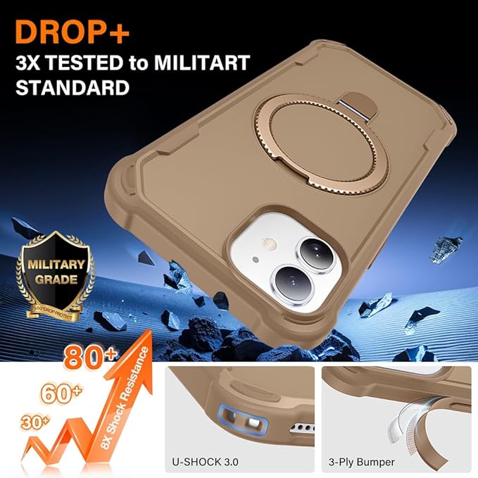 Designed for iPhone 12 & 12 Pro Case with Magnetic Stand [Military Drop Protection][Compatible with Magnet] Shockproof 12 & 12 Pro Phone Case with Ring Holder, Khaki