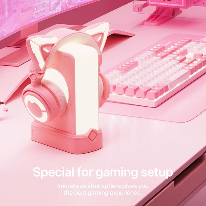 YOWU RGB Headphone Stand with Charger - 4 in 1 Docking Station & 10 Magical Light Modes - Cool Gaming Accessories (Pink)