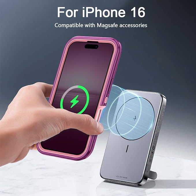 for iPhone 16 Case [Compatible with MagSafe] Shockproof 3-Layer Full Body Protection [Without Screen Protector] Rugged Heavy Duty Cover Case for Apple iPhone 16 6.1",Purple/Pink
