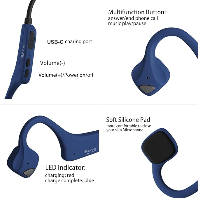 Bluetooth Headphones Waterproof Bone Conduction Headset Open Ear Earphones Blue Headset with mic, Bluetooth Headset with mic