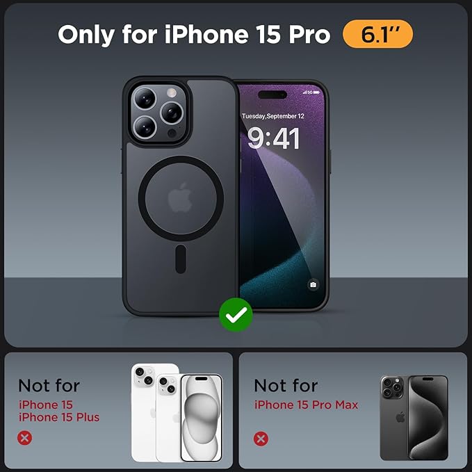 Miracase Magnetic for iPhone 15 Pro Case 6.1 inch (Compatible with MagSafe)（with 2X Screen Protectors）Military-Grade Protection, Anti-Fingerprint Translucent Matte Phone Cover, Black