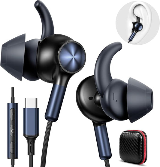 APETOO Wired Ear Buds Running USB-C Headphone w/Anti Fall/Hurt Wingtips for Outdoor/Indoor, Hands-Free Call, Pure Stereo Bass, Noise Isolating in-Ear Earbuds for iPhone 17 16/iPad/Galaxy S25/Android