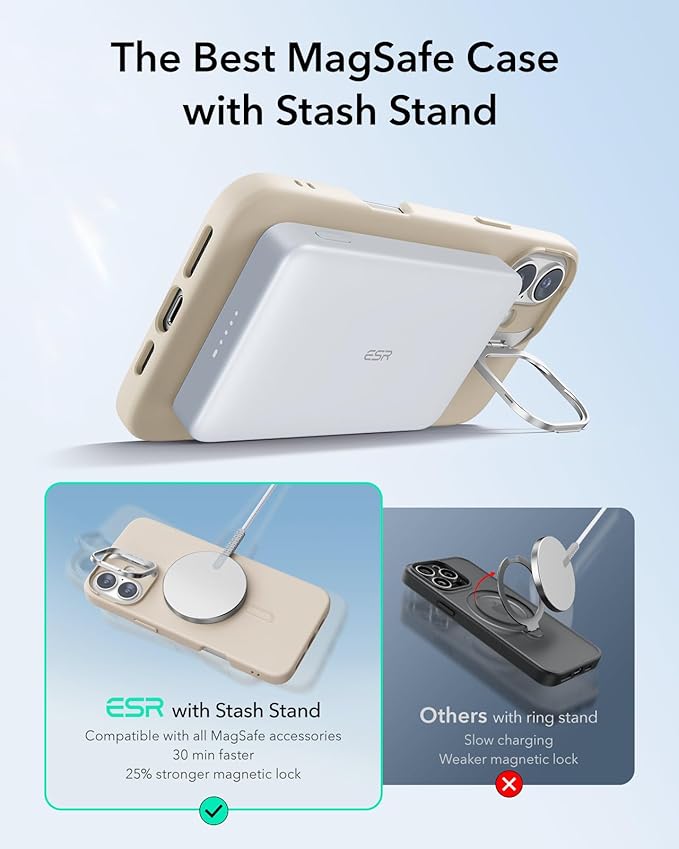 ESR for iPhone 16 Case, Silicone Case with Stand, Compatible with, Military-Grade Protection, Built-in Camera Stash Stand, Magnetic Phone Case for iPhone 16, Cloud Series, Light Tan
