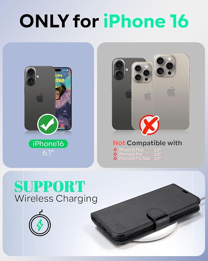 OCASE Compatible with iPhone 16 Wallet Case, PU Leather Flip Folio Case with Card Holders RFID Blocking Kickstand [Shockproof TPU Inner Shell] Phone Cover 6.1 Inch 2024, Black