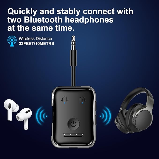 Premium Bluetooth 5.4 Transmitter, Airplane Wireless Adapter, Supports 2 AirPods/Headphones, Bluetooth Transmitter for TV, Airplane, Gym, with aptX Adaptive & Low Latency