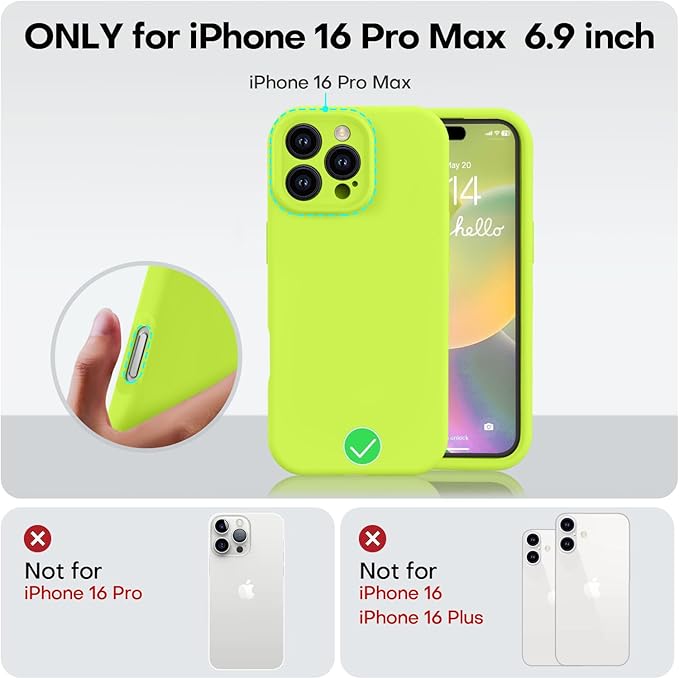 Vooii Compatible with iPhone 16 Pro Max Case, Liquid Silicone Upgrade [Camera Protection] [Soft Anti-Scratch Microfiber Lining] Shockproof Phone Case for iPhone 16 Pro Max 6.9 inch - Fluorescent Green