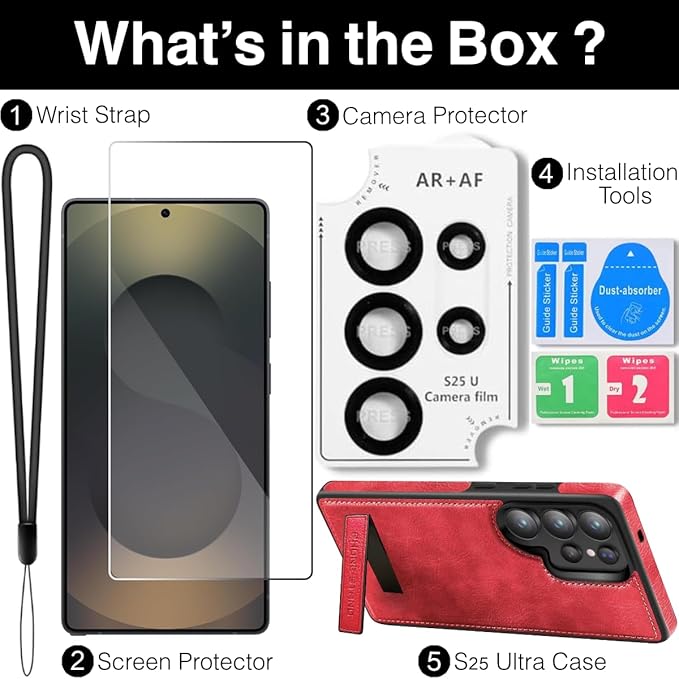 for Galaxy S25 Ultra Leather Case, Built-in Foldable Alloy Stand, with Camera Lens and Screen Protector, Slim Shockproof Kickstand Phone Cover 2025 (Red)