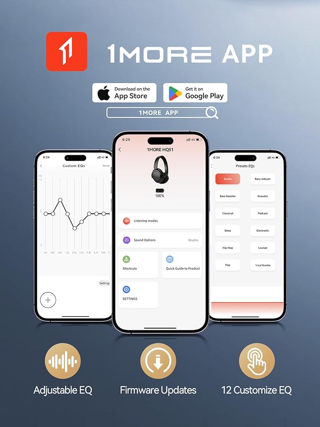 1MORE SonoFlow Pro HQ51 Wireless Over-Ear Headphones, Reduce Noise by Up to 45dB, Hi-Res Audio, 100H Playtime, App Control, Bluetooth 5.4, AI Clear Calls, Ultra-Light Comfort for Travel Office, Black