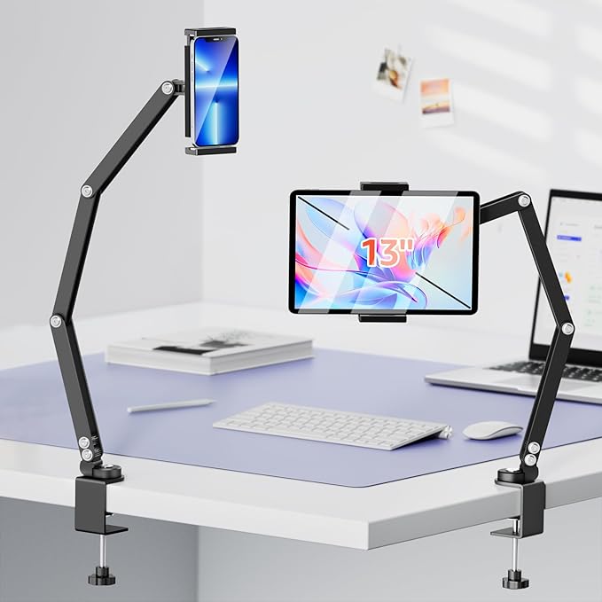 Urmust Tablet Holder Mount with Extendable Arm, Multi-Angle Adjustable for 4.7-13" iPad Pro, Air, Galaxy Tab, Kindle Fire, Switch - Universal Tablet Stand for Desk, Desk & Work