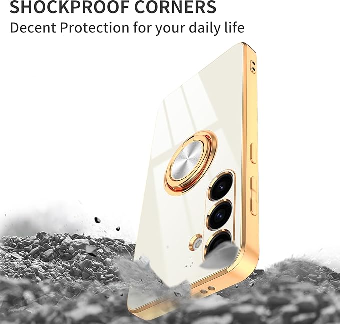 Dinick White for Samsung Galaxy S24 Case with Ring Holder Kickstand [with Magnetic] Soft TPU Bumper, Glitter Gold Electroplated Cover Slim Thin Protective Phone Case for Galaxy S24