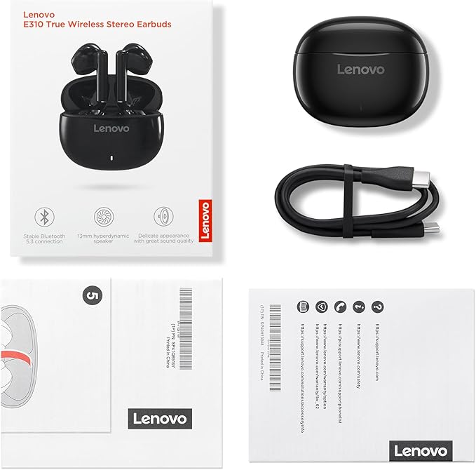 Lenovo E310 True Wireless Stereo Earbuds Bluetooth 5.3 ENC Noise-Cancelling Black In-Ear Headphones 13mm Speaker Type-C Charging 20h Battery Life for Music Calls Comfortable Fit Wireless Earbuds