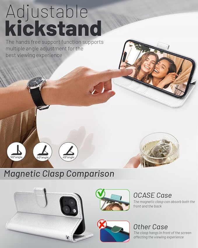 OCASE Compatible with iPhone 15 Wallet Case, PU Leather Flip Folio Case with Card Holders RFID Blocking Kickstand [Shockproof TPU Inner Shell] Phone Cover 6.1 Inch 2023,Silvery