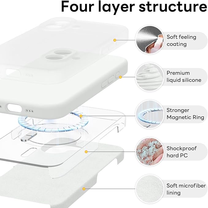 Vooii Magnetic Compatible with iPhone 17 Case (Compatible with Magsafe) (Upgraded Camera Protection) Liquid Silicone Shockproof Full Body Protective Phone Cover for Women Men, White, 6.3"