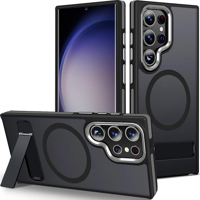 Magnetic Case for Samsung Galaxy S24 Ultra with Kickstand, Compatible with MagSafe, Anti-Slip S24 Ultra Case, 3-Modes Stand Military-Grade Protection, Galaxy S24 Ultra Cover (Black/Grey)