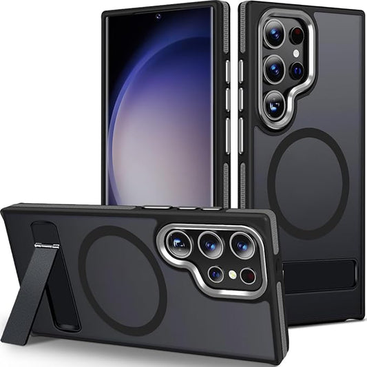 Magnetic Case for Samsung Galaxy S24 Ultra with Kickstand, Compatible with MagSafe, Anti-Slip S24 Ultra Case, 3-Modes Stand Military-Grade Protection, Galaxy S24 Ultra Cover (Black/Grey)