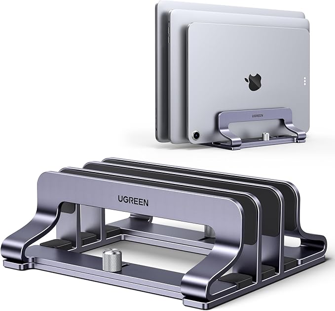 UGREEN 3-Slot Vertical Laptop Stand Holder Desk Compatible with MacBook Pro Air Laptop Stand Desktop Adjustable, Lenovo Ideapad, Surface Book, HP Notebook, Dell Chromebook Up to 17.3 Inch, Space Gray