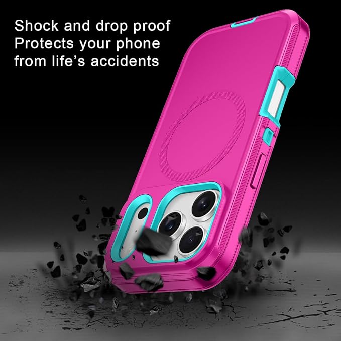 for iPhone 17 Pro Case [Compatible with MagSafe] Shockproof 3-Layer Full Body Protection [Without Screen Protector] Rugged Heavy Duty Cover Case for Apple iPhone 17 Pro 6.3",Rose Red/Green