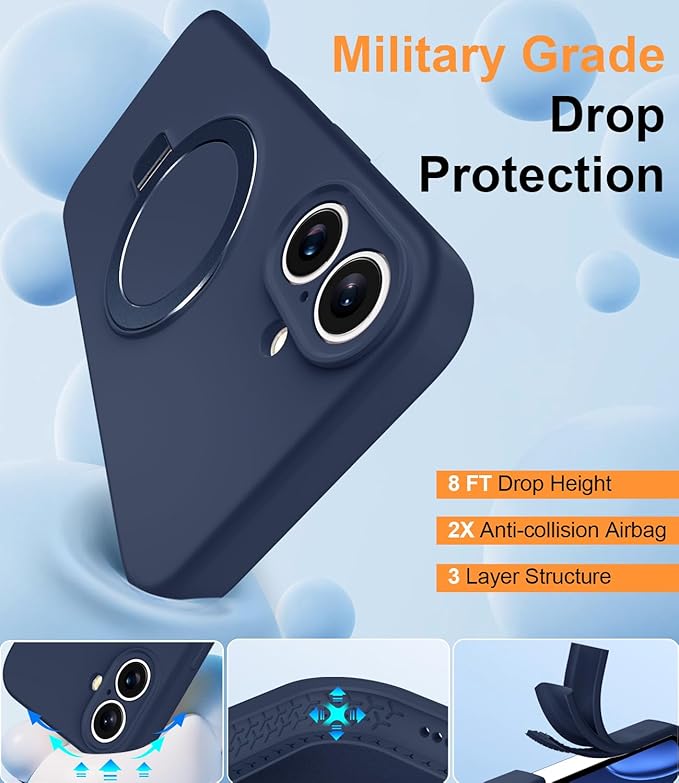 ZHK Liquid Silicone Designed for iPhone 16 Case with Magnet Stand, [Precise Camera Lens Protection][Mil-Grade Drop Shockproof][Soft Anti-Scratch Microfiber Lining] Slim Fit Cover, Navy Blue