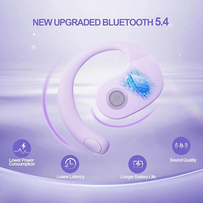 Open Ear Headphones Wireless Bluetooth 5.4, OWS Hanging Earphones Wireless Earbuds with Earhooks and Mic, IPX5 Waterproof, 48H Range, Out of Ear Earbuds for Sports Running Workout Driving(Purple)