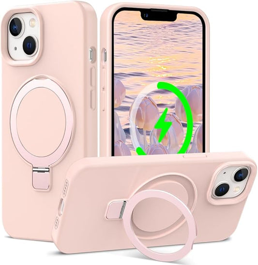 ZHK Liquid Silicone Designed for iPhone 13/14 Case with Magnet Stand, [Mil-Grade Drop Shockproof][Soft Anti-Scratch Microfiber Lining] Slim Fit Cover, Pink