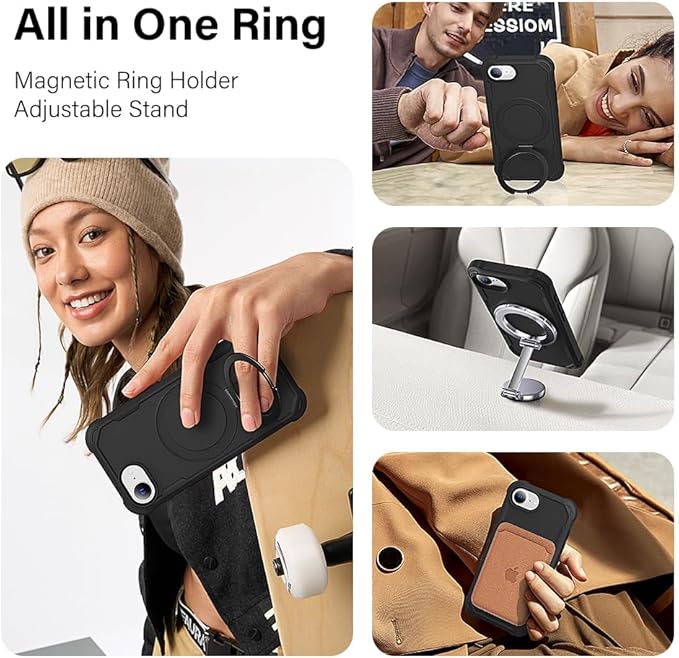Designed for iPhone 16E Case with Magnetic Stand [Military Drop Protection][Compatible with Magnet] Shockproof 16E Phone Case with Ring Holder, Black