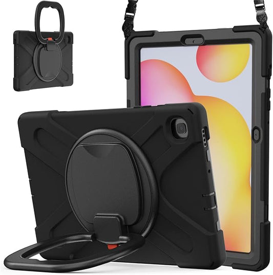 360 Rotation Case for Samsung Galaxy Tab S6 Lite 10.4" Sturdy Cover Rotate Ring Stand Shoulder Carrying Strap Hand Strap Rugged Children Adults Outdoor Case (Black)