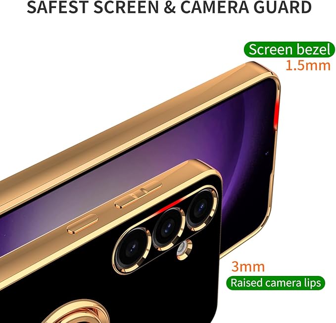 Dinick Black for Samsung Galaxy S24+ Case with Ring Holder Kickstand [with Magnetic] Soft TPU Bumper, Glitter Gold Electroplated Cover Slim Thin Protective Phone Case for Galaxy S24 Plus