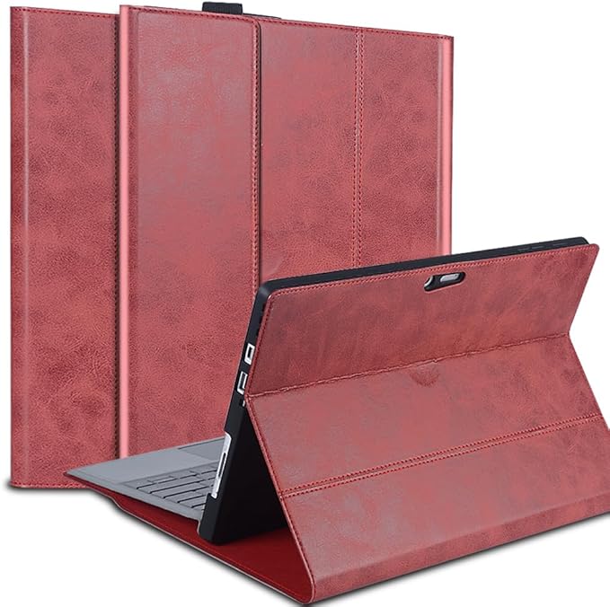 for Microsoft Surface Pro 8 13 inch Case 2021 Genuine Leather Cover Protective Shell Compatible with Type Cover Keyboard and Pencil Holder.Red