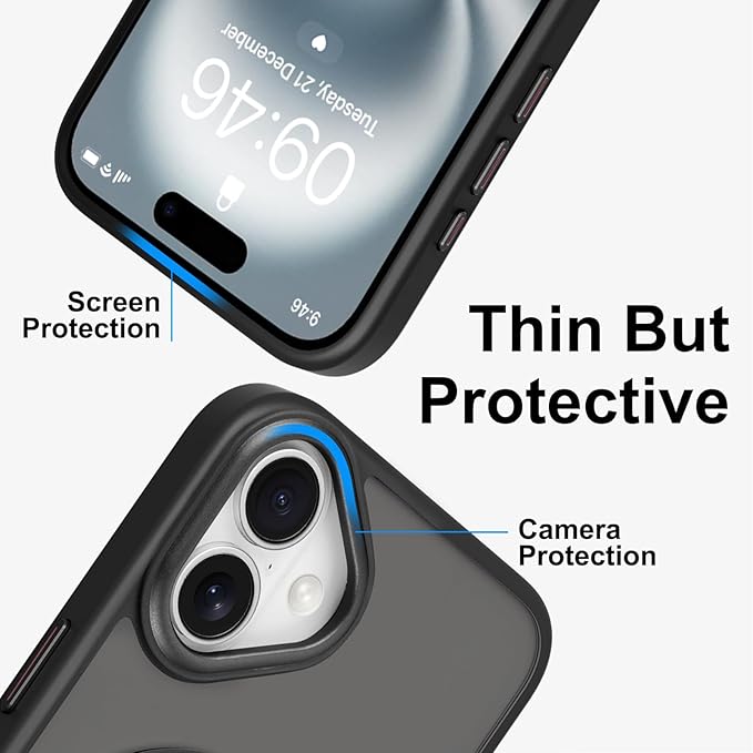 ZIYE Magnetic Case for iPhone 16 Case with Stand [Compatible with MagSafe] Slim Shockproof Military Grade Heavy Duty Cover with 360 Rotatable Ring Kickstand for Women Men, Translucent Black