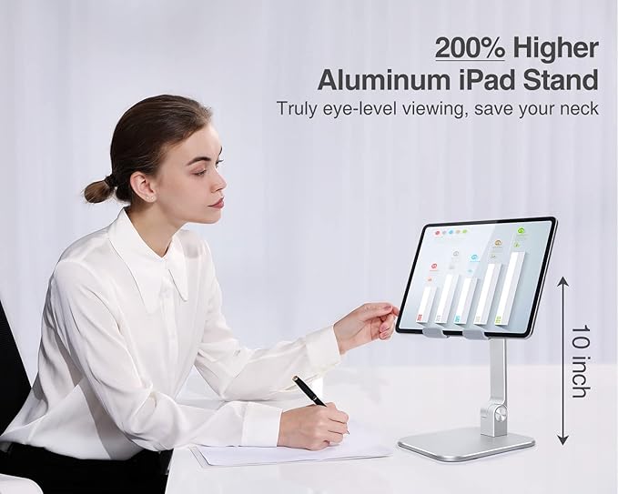Elitehood Aluminum iPad Stand, Adjustable Holder for Desk, Desktop Tablet Dock for iPad Pro 12.9 11, Air Mini 4 5 and More 4-13.5 Inches Tablets, Silver