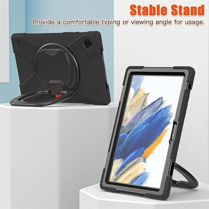 360 Rotation Case for Galaxy Tab A8 10.5" Sturdy Cover Rotate Ring Stand Shoulder Carrying Strap Hand Strap Rugged Children Adults Outdoor Case, Black