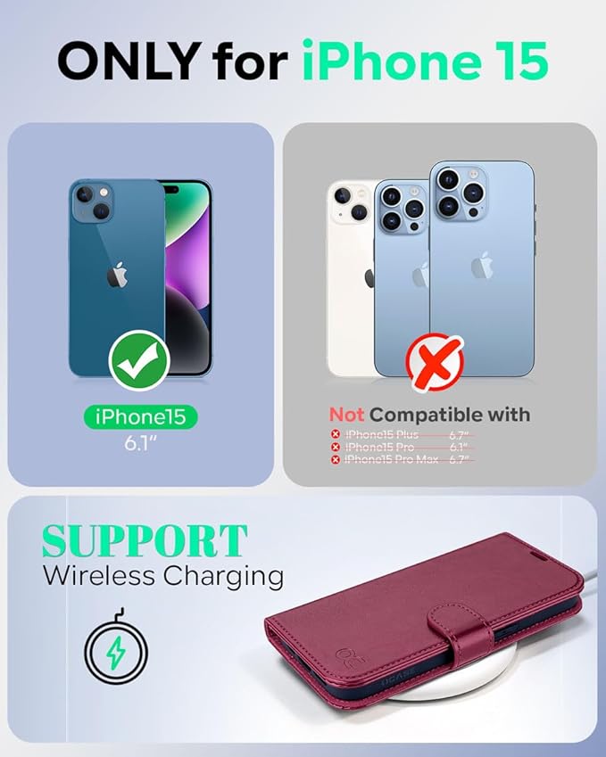 OCASE Compatible with iPhone 15 Wallet Case, PU Leather Flip Folio Case with Card Holders RFID Blocking Kickstand [Shockproof TPU Inner Shell] Phone Cover 6.1 Inch 2023, Burgundy