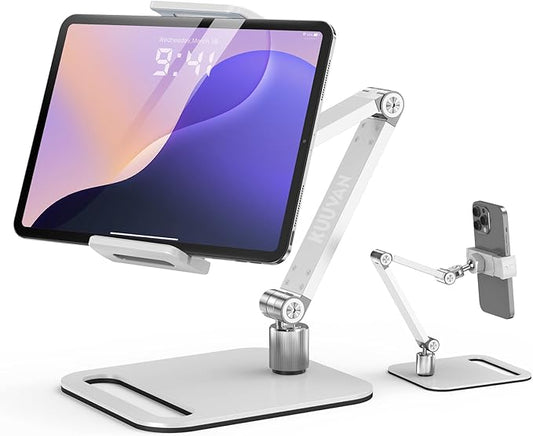 Tablet Stand Holder for iPad, Portable Monitor Stand Holder 15.6'',17.3'', Aluminum Alloy Foldable Arm Mount with 360° Swivel Desk Mount Compatible with 4.7-17.3inch Tablet, Cell Phone (White)